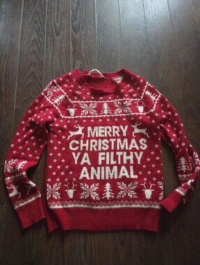 Bluenotes Red and White Holiday Knit Sweater, Merry Christmas Ya Filthy Animal M